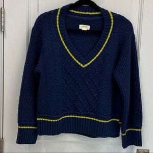 Maeve Navy V-Neck Cable Knit Sweater with Yellow Trim